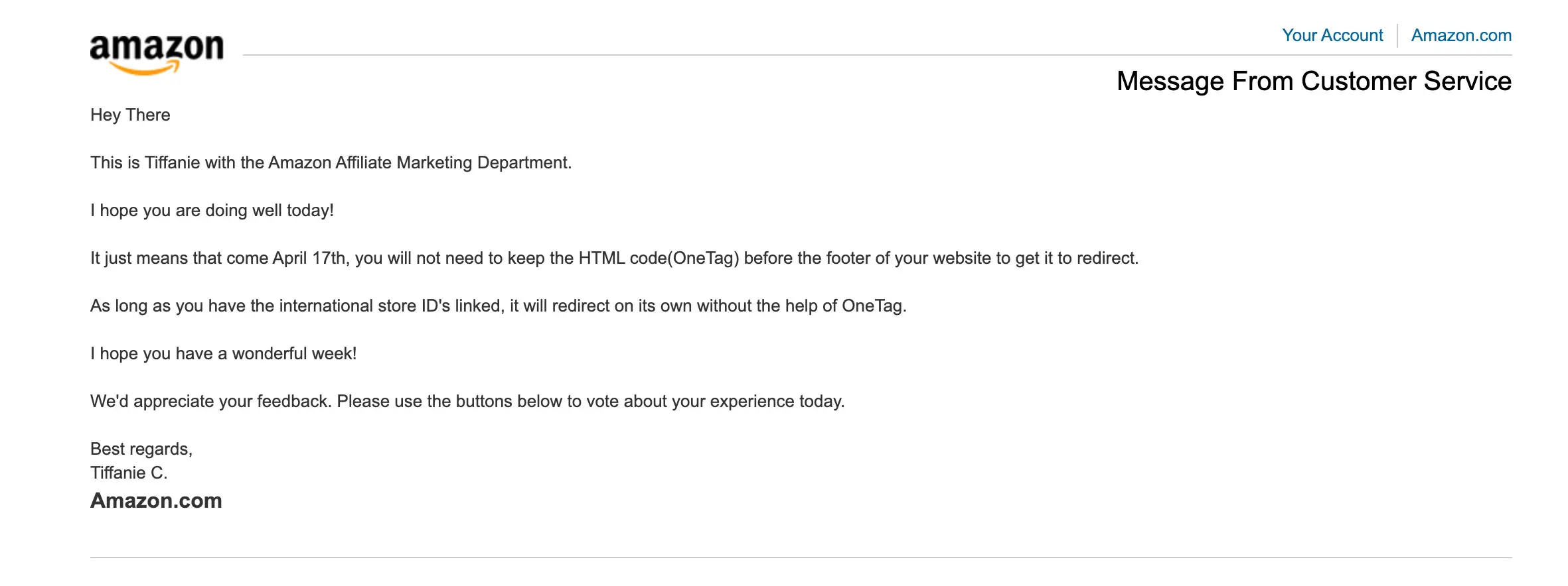 Amazon Associates Customer Service Email About OneLink