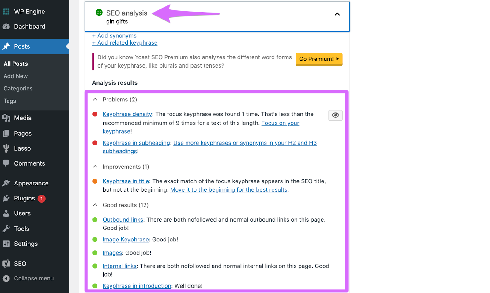 yoast seo analysis of a post inside the post editor in wordpress
