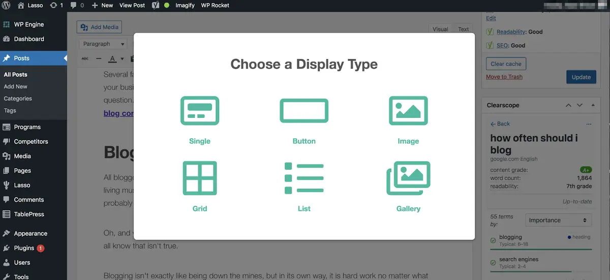 choosing a lasso display from inside wordpress text editor