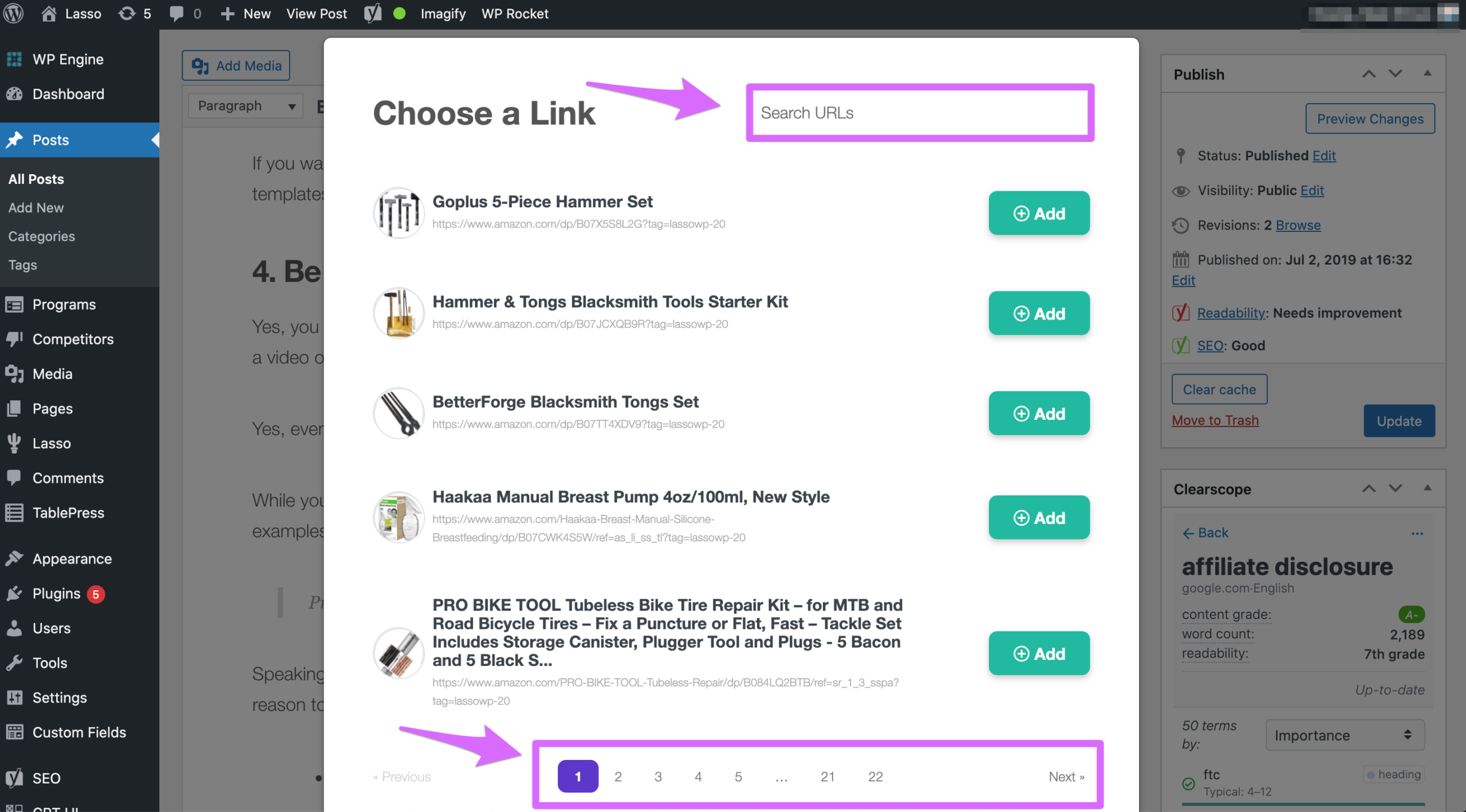 adding the link shortcode to your post in lasso