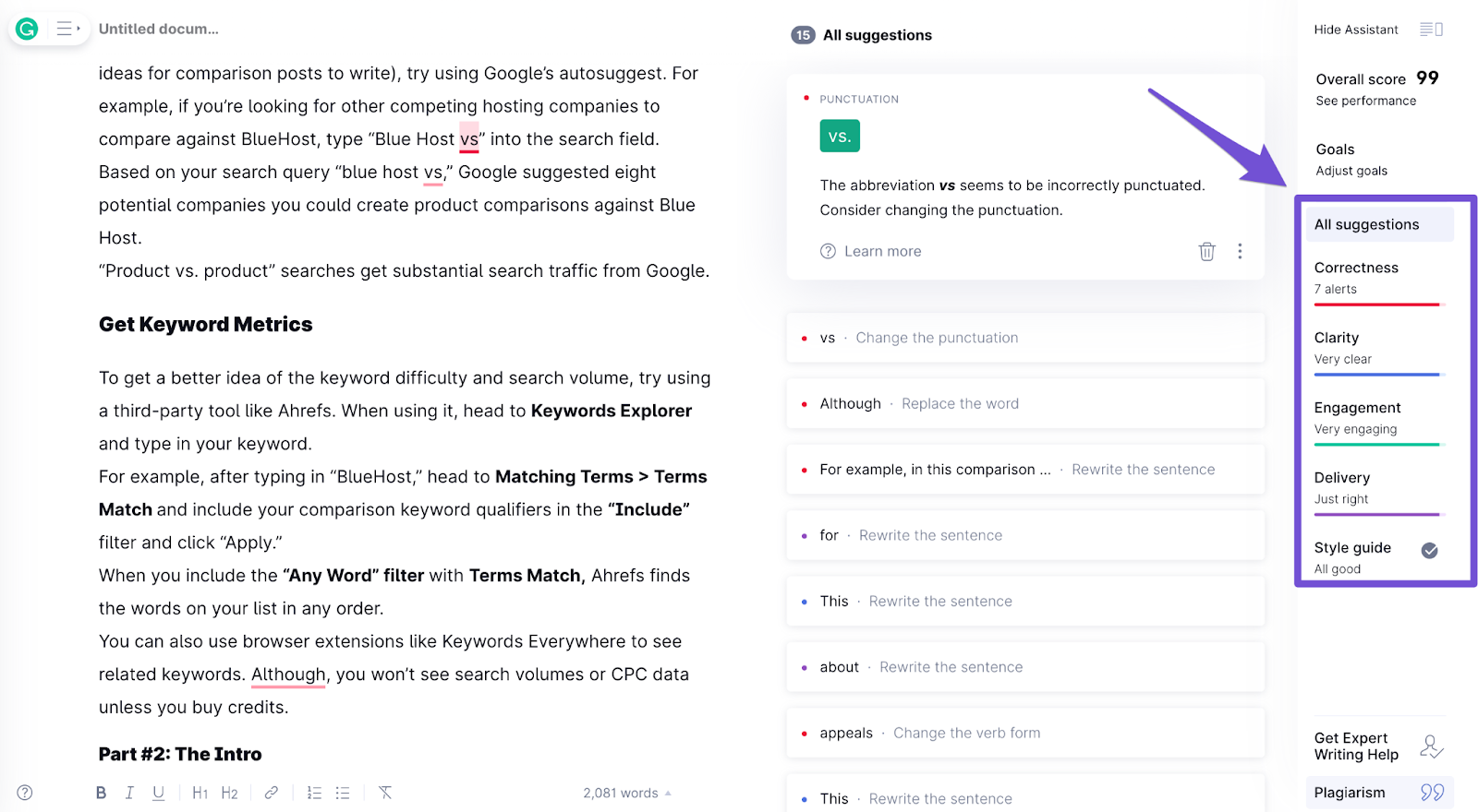 grammarly suggestions appearing on right side of doc