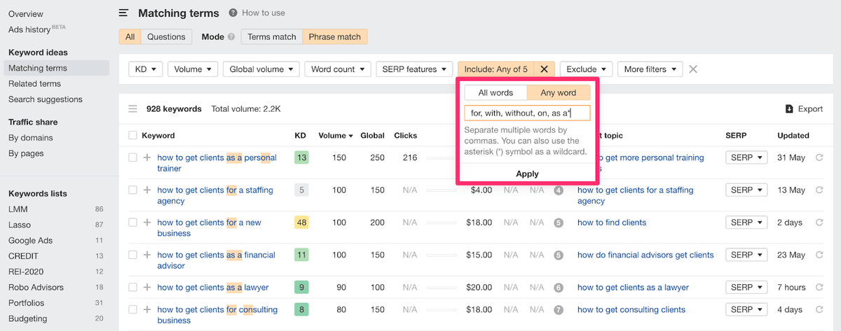 using a prepositions in ahrefs tool for writing a how to guide template