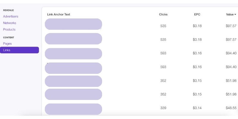 Lasso subID links showing earnings and conversions
