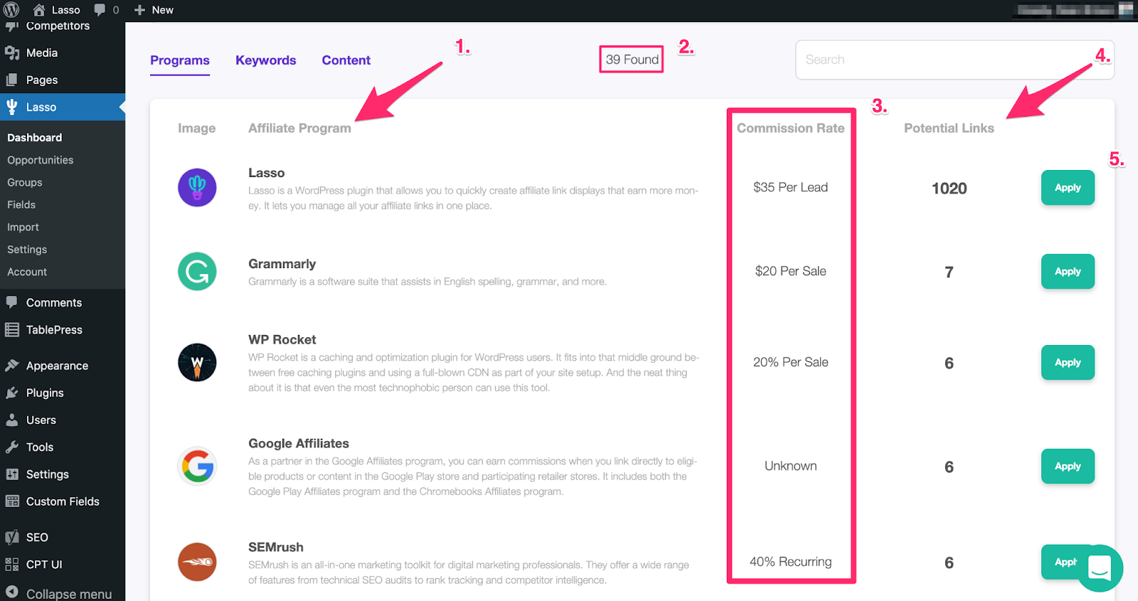 finding affiliate programs inside the lasso dashboard