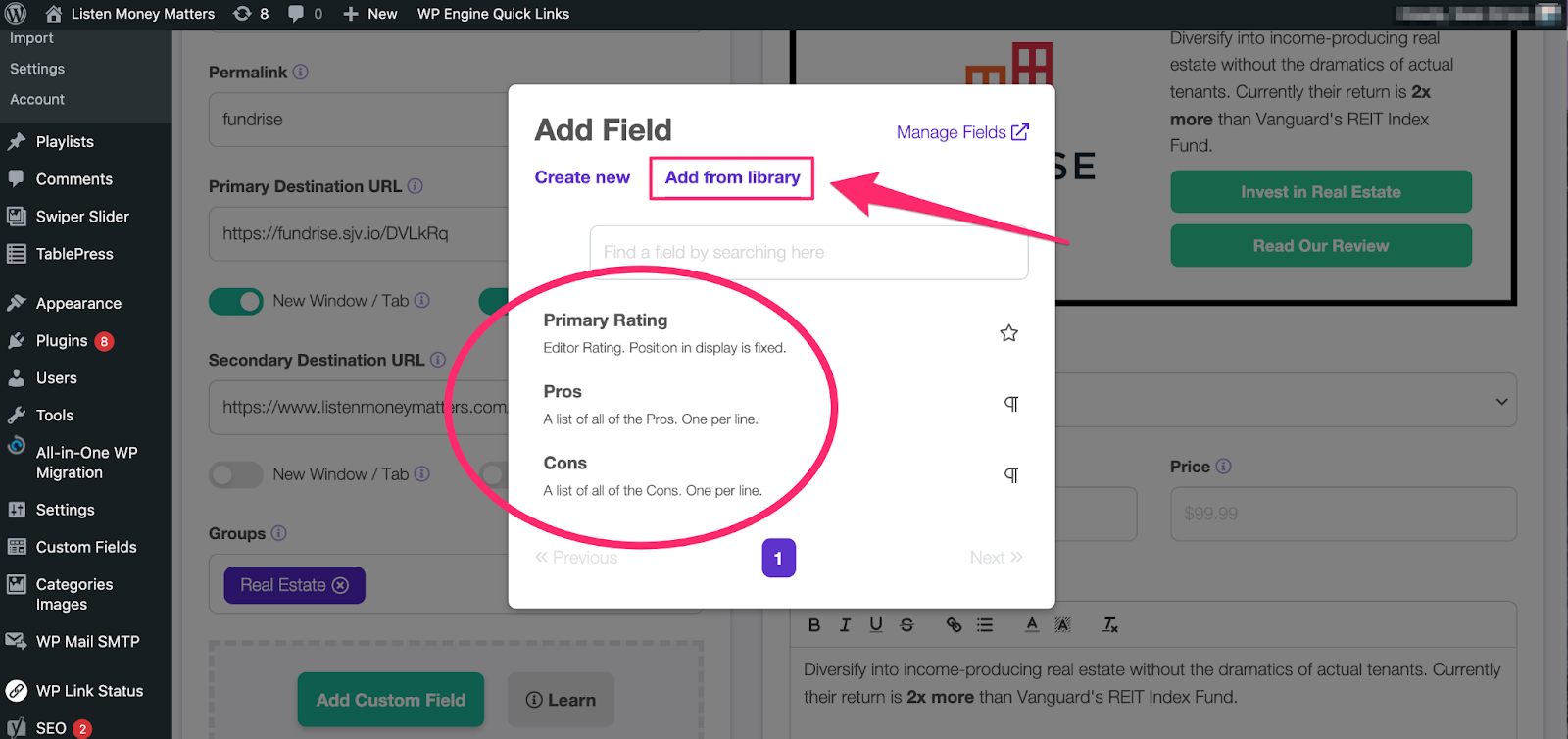 selecting add from library