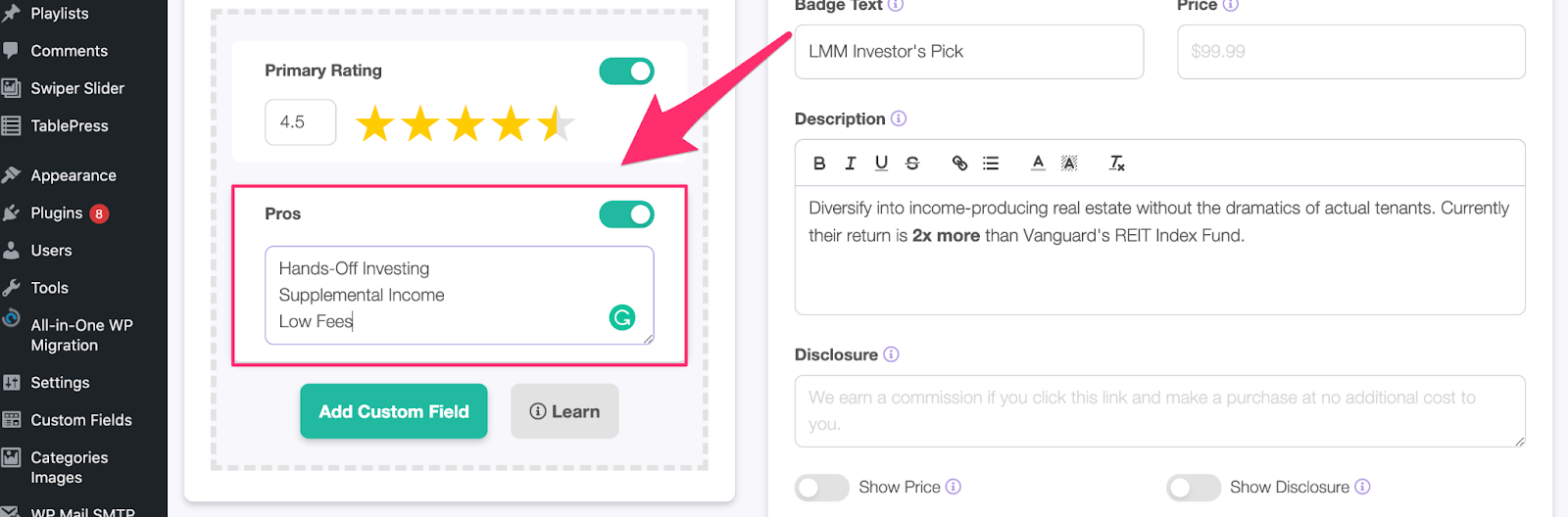 a description box for your pros section for your affiliate marketing website