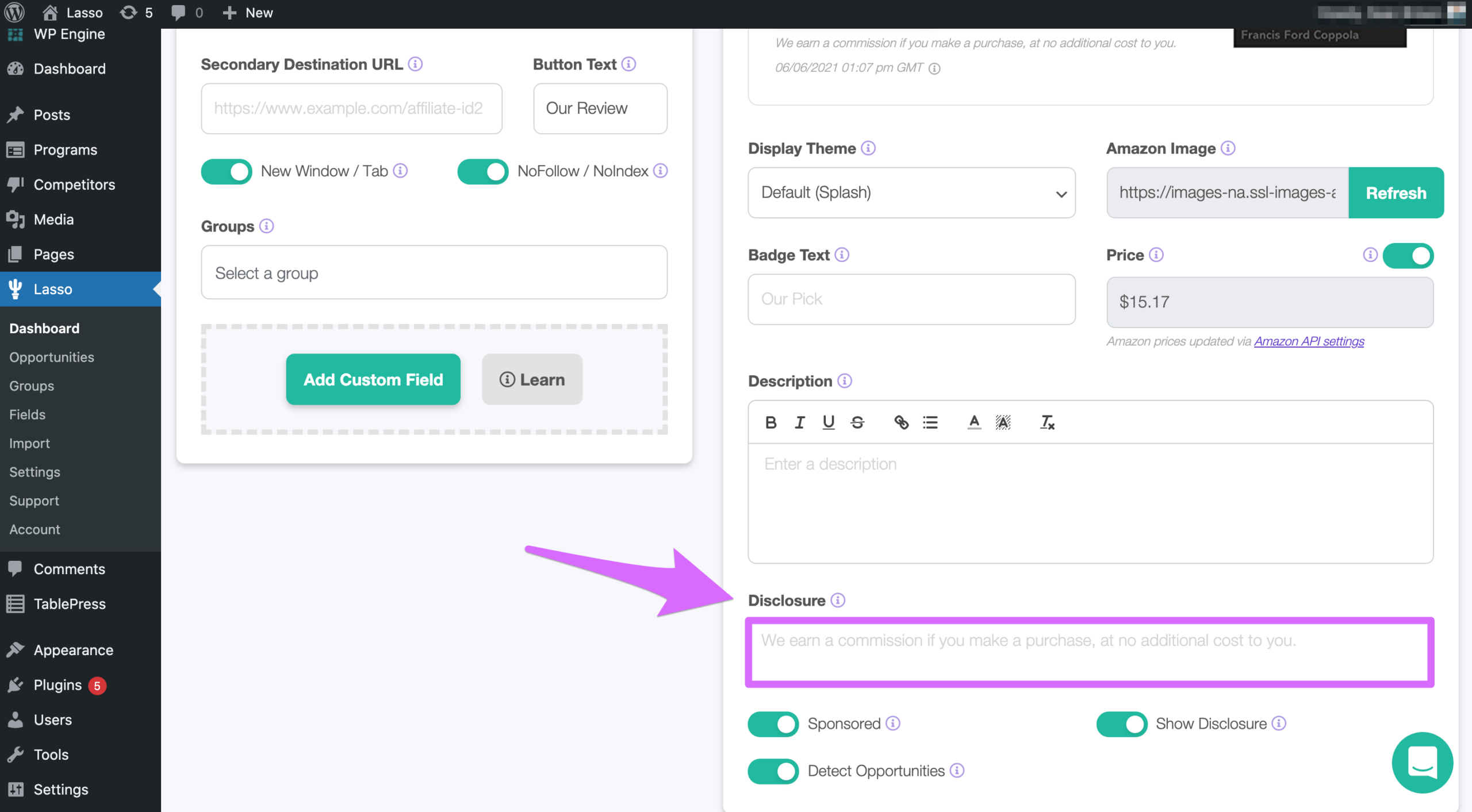 adding your own affiliate disclosure to lasso displays