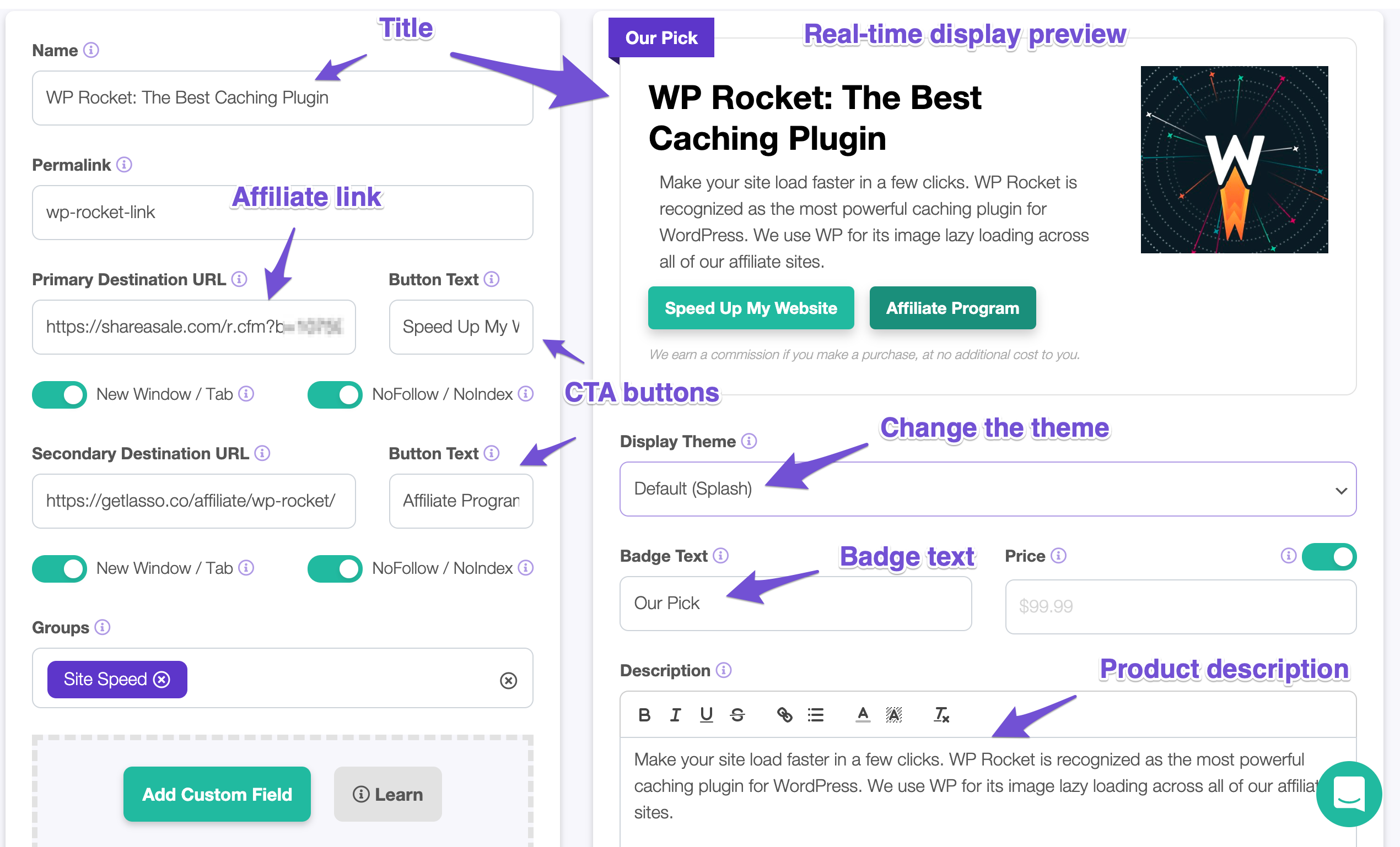 wp rocket link details page in lasso