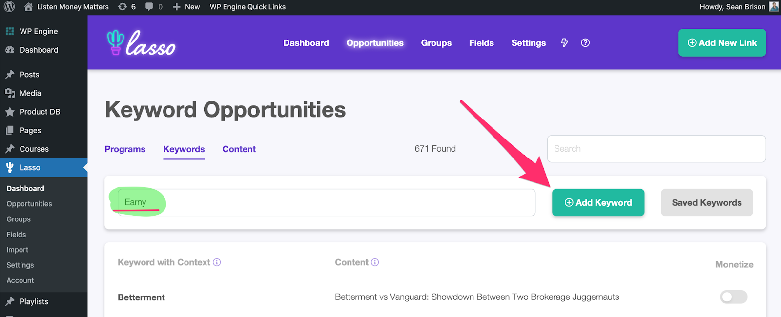 creating the keyword earny in the search field and then clicking add keyword