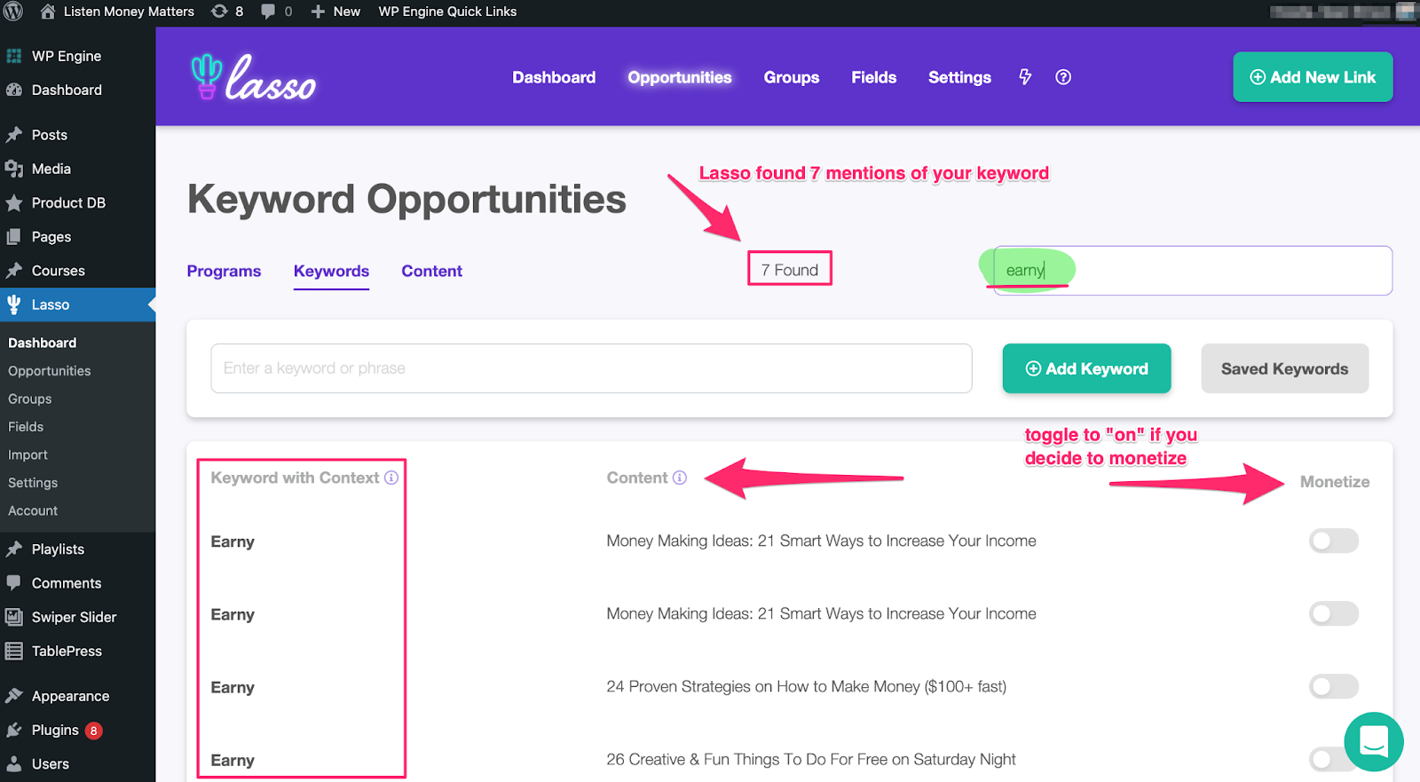 showing every mention of the keyword earny and where it is across your site