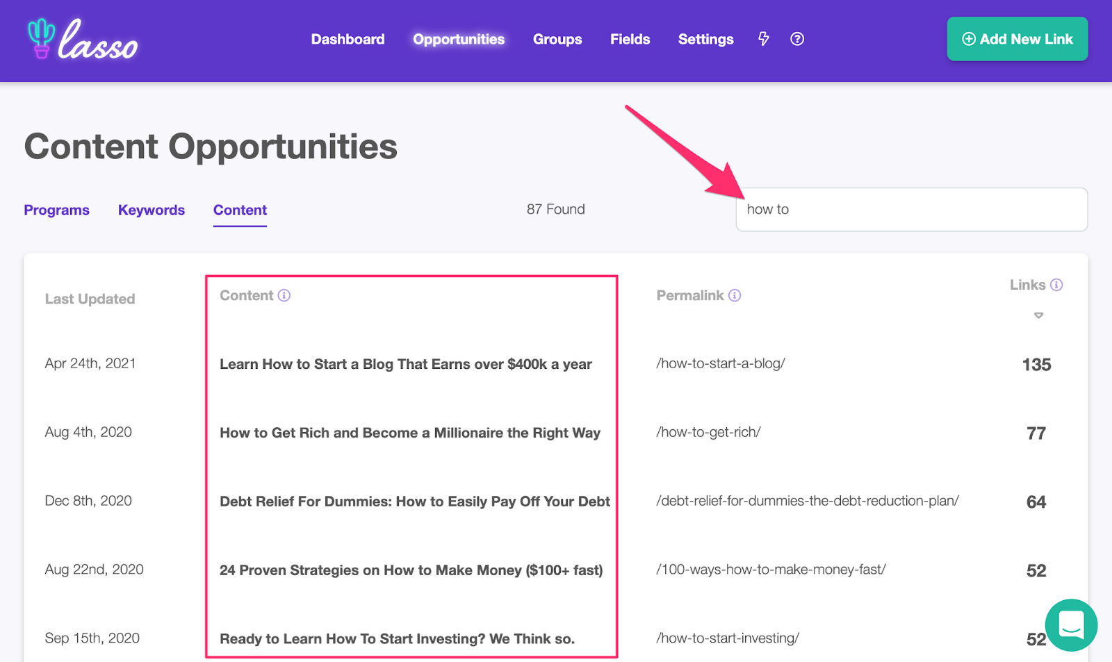 finding content with the words how to in the title using lasso for your affiliate marketing website