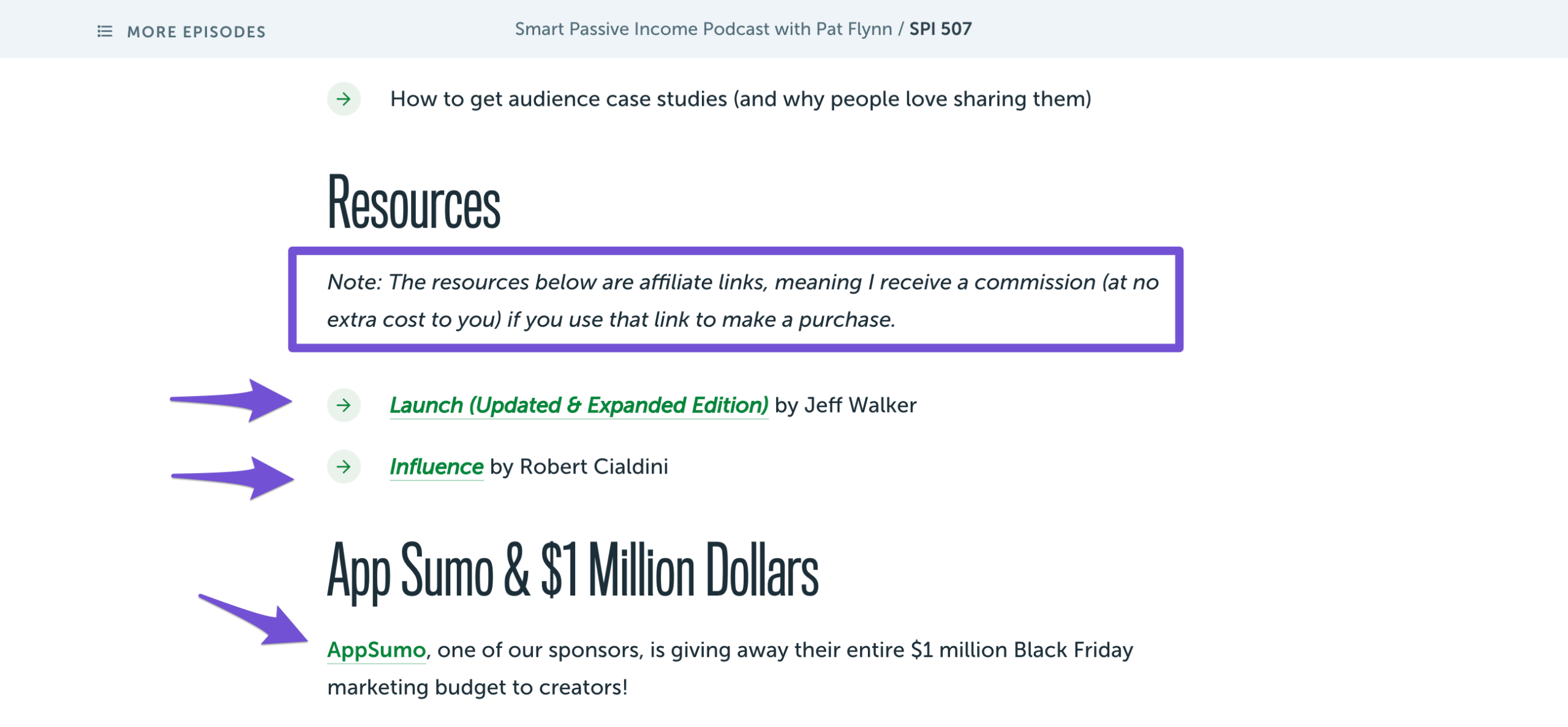 pat flynn affiliate links in podcast show notes