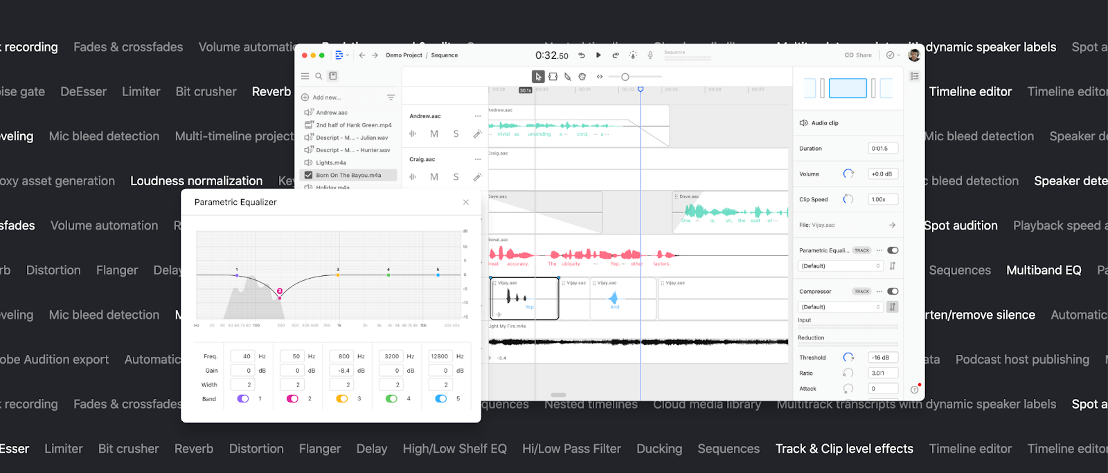 descript features page of editing a podcast