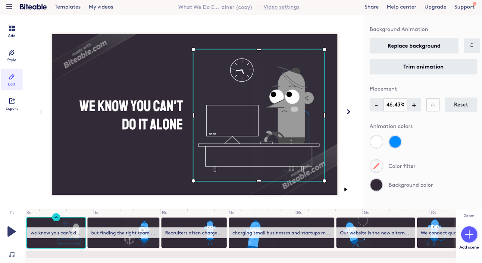 biteable dashboard editing and creating a video