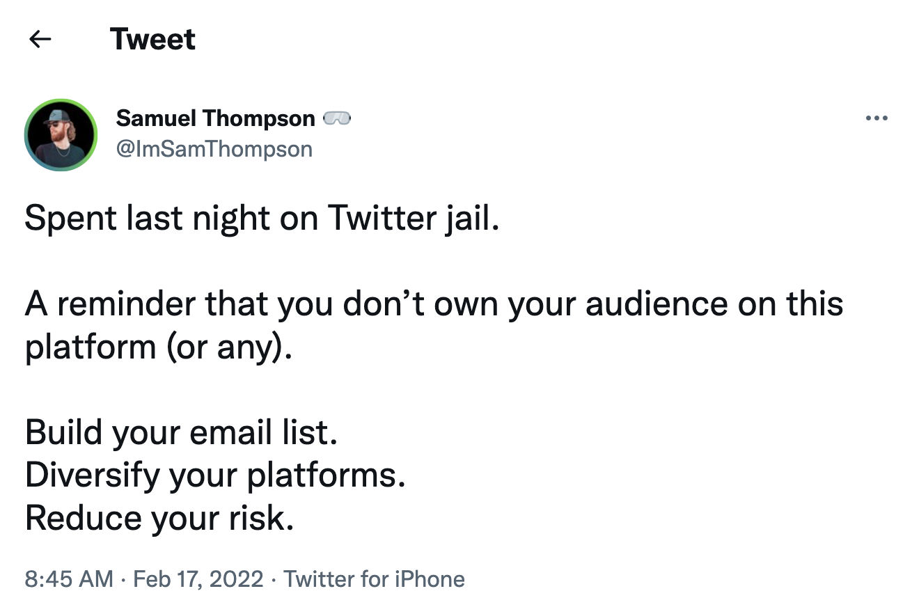 tweet of an influencer locked out of his twitter account as an affiliate marketing tip to build an email list