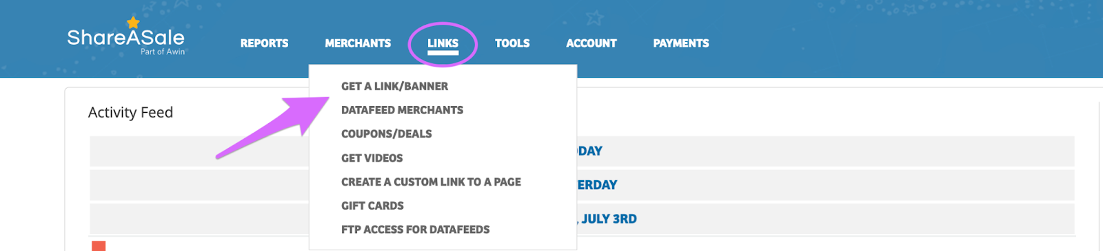 Shareasale getting links in the navbar homepage to help get you started with affiliate marketing for beginners