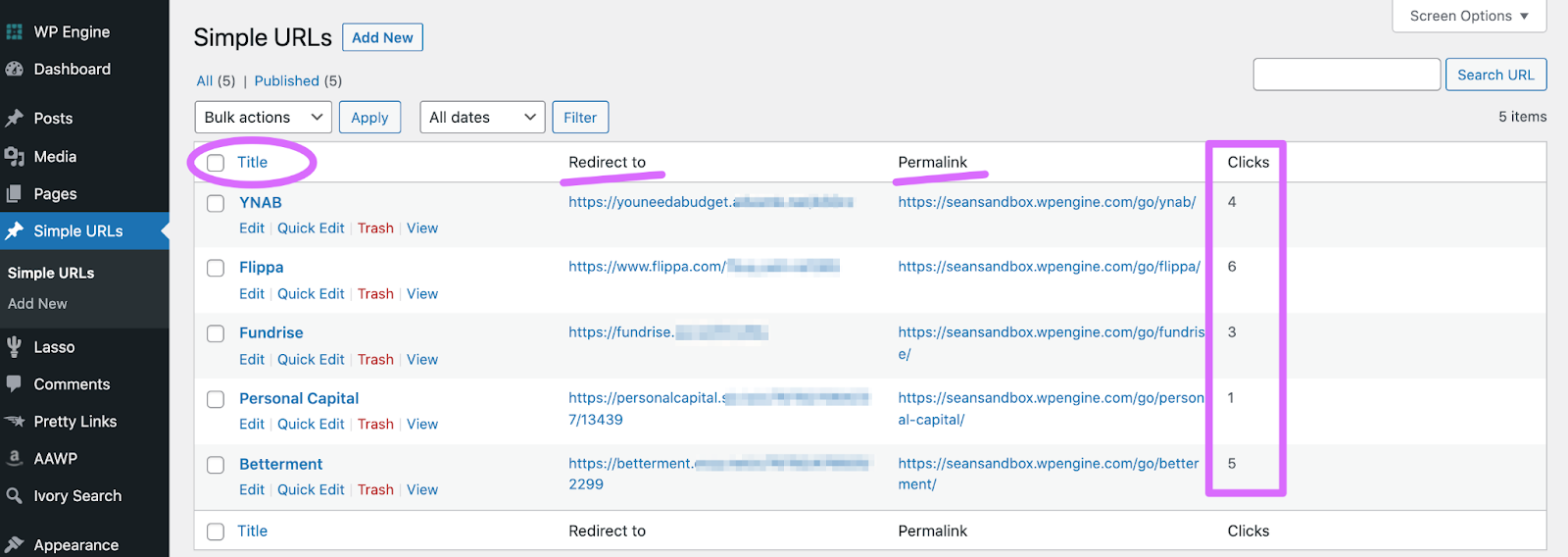 simple urls interface inside wordpress showing columns with the cloaked url and number of clicks