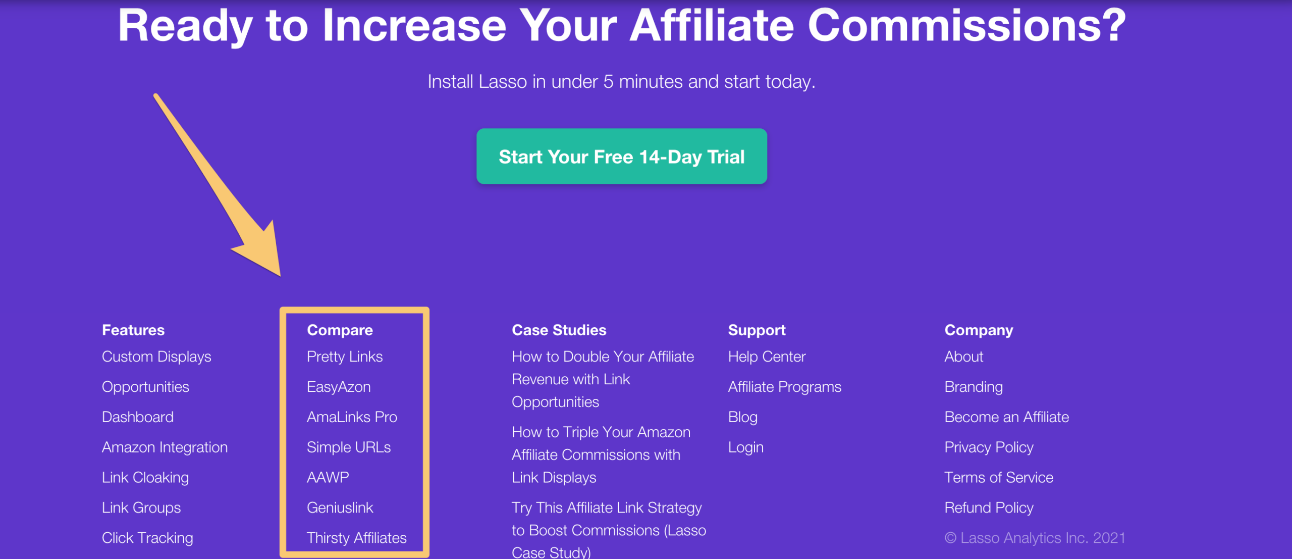 website footer with comparison pages hub