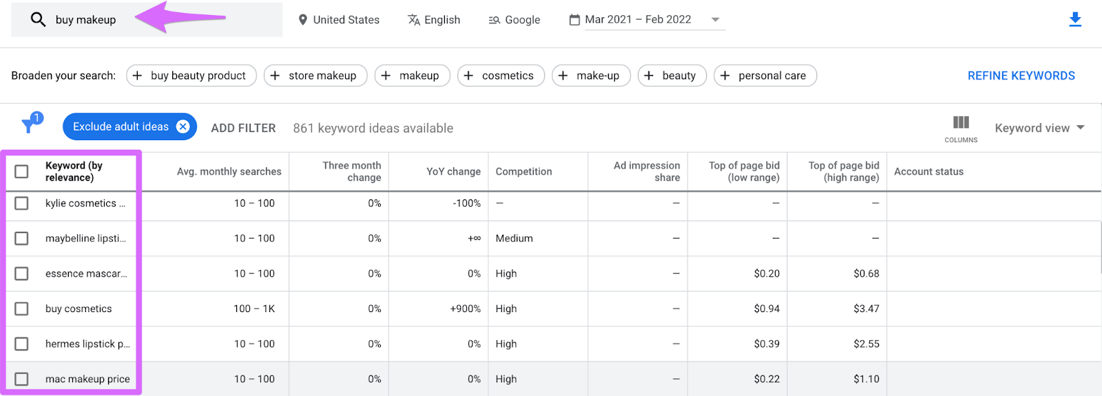 google keyword planner searching for transactional keywords for affiliate product ideas