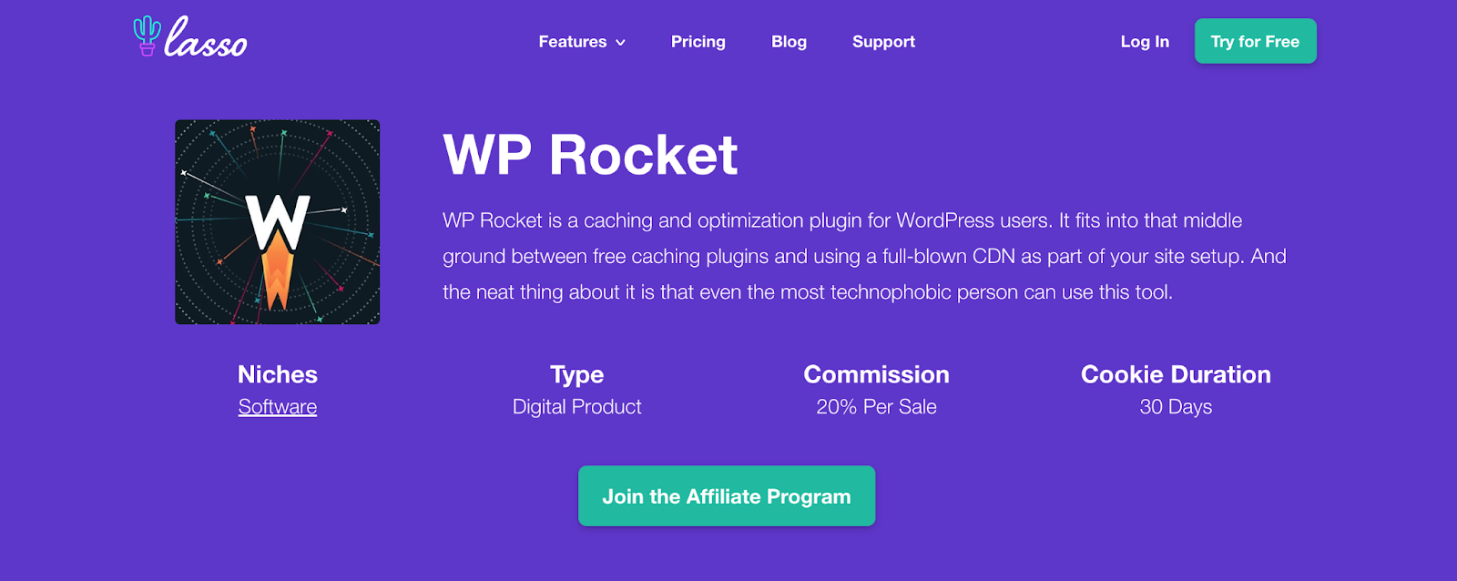 wp rocket affiliate program details page in lasso for your affiliate marketing website