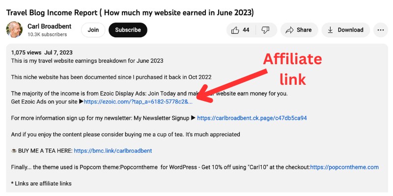 YouTube description affiliate link promotion