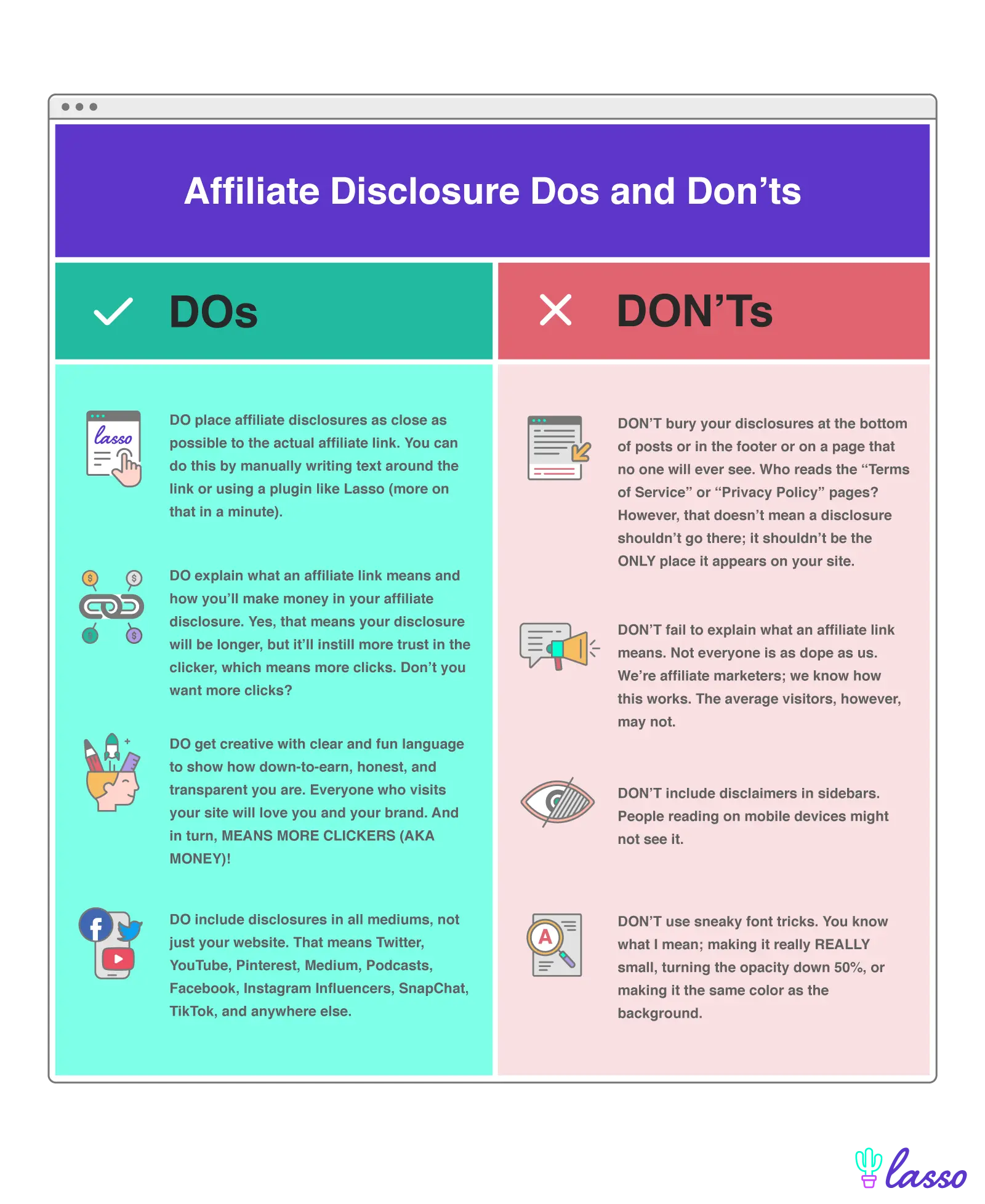 affiliate dos and don'ts comparison side by side green and red columns