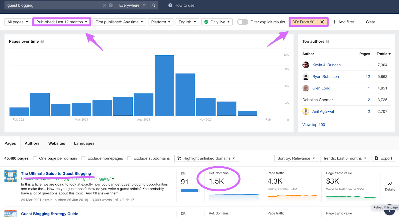 ahrefs content explorer sorting content that attracts backlinks