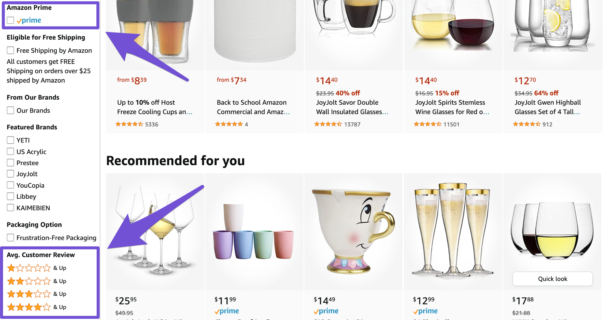 using search filters on amazon website