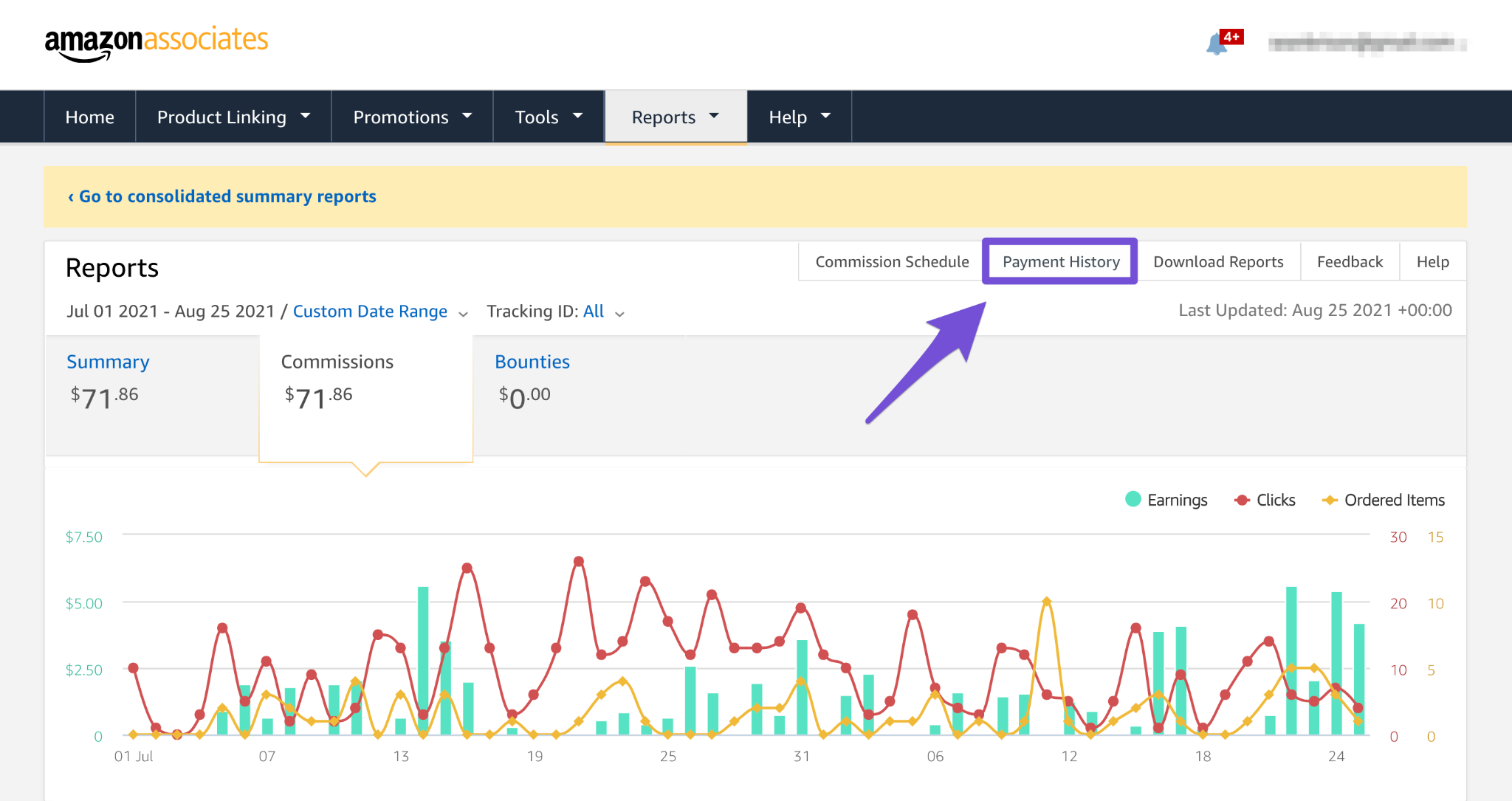 navigating to payment history in your associates account