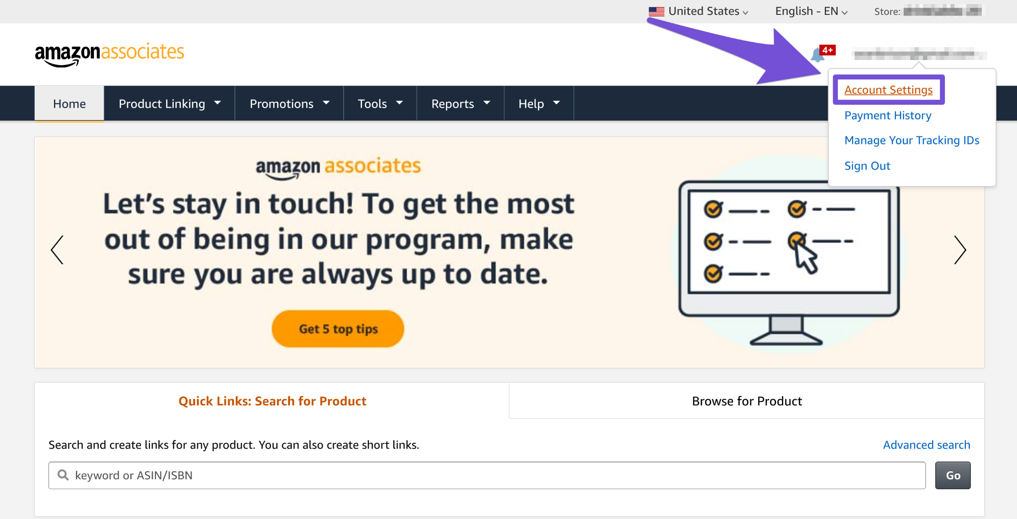heading to account setting in your amazon associates account