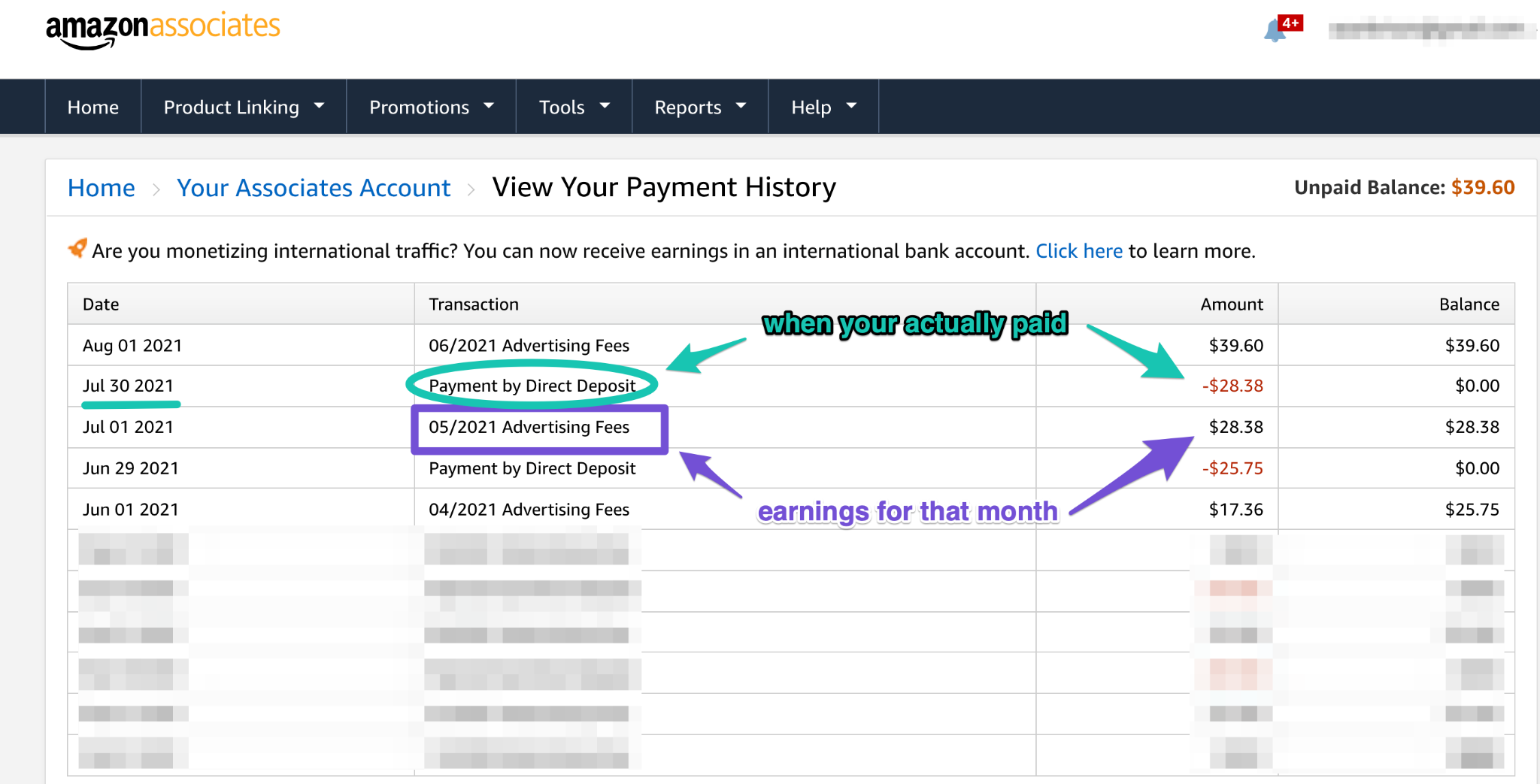 amazon affiliate commission rate payment history inside your account