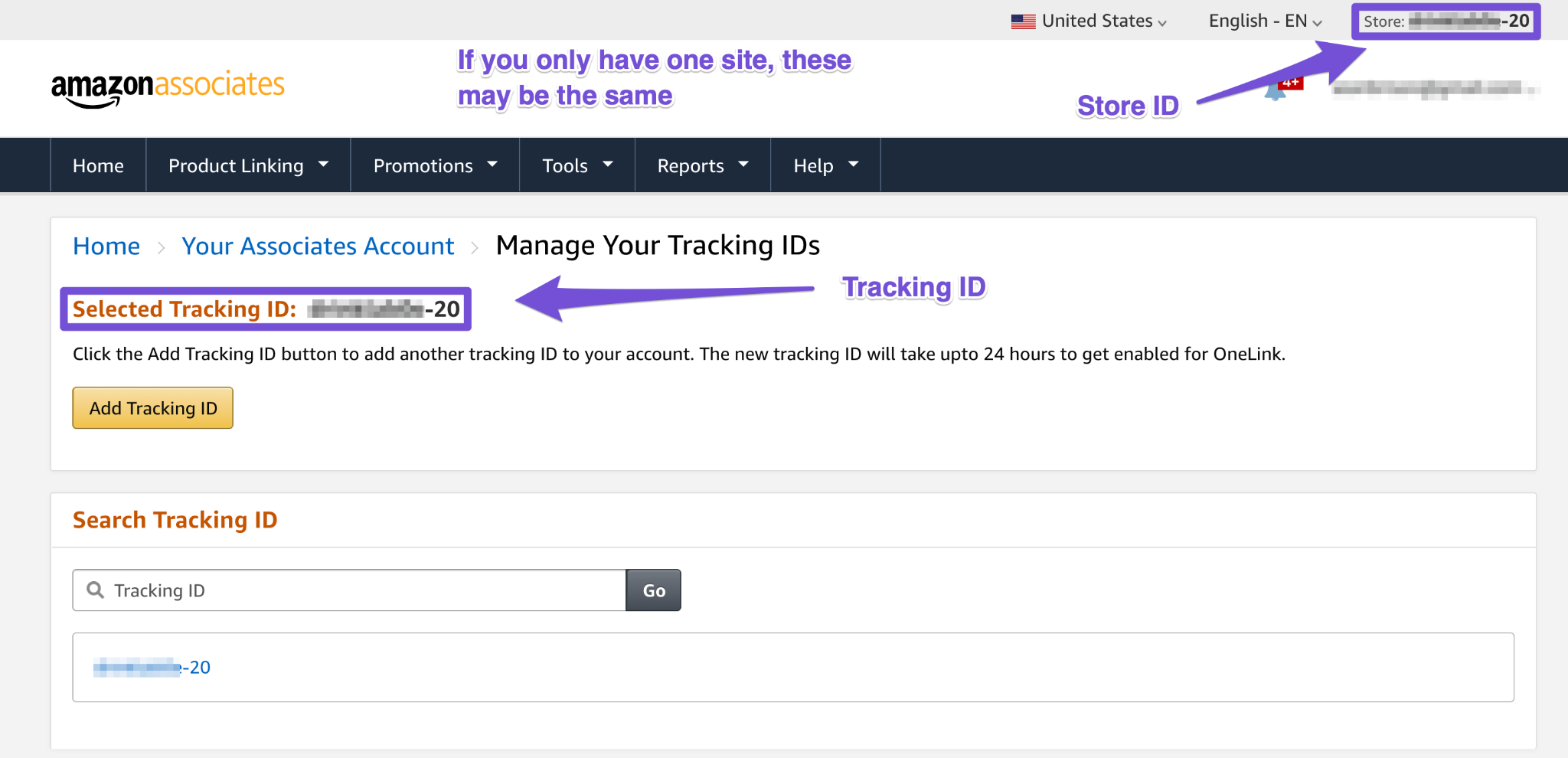 amazon tracking id and store id