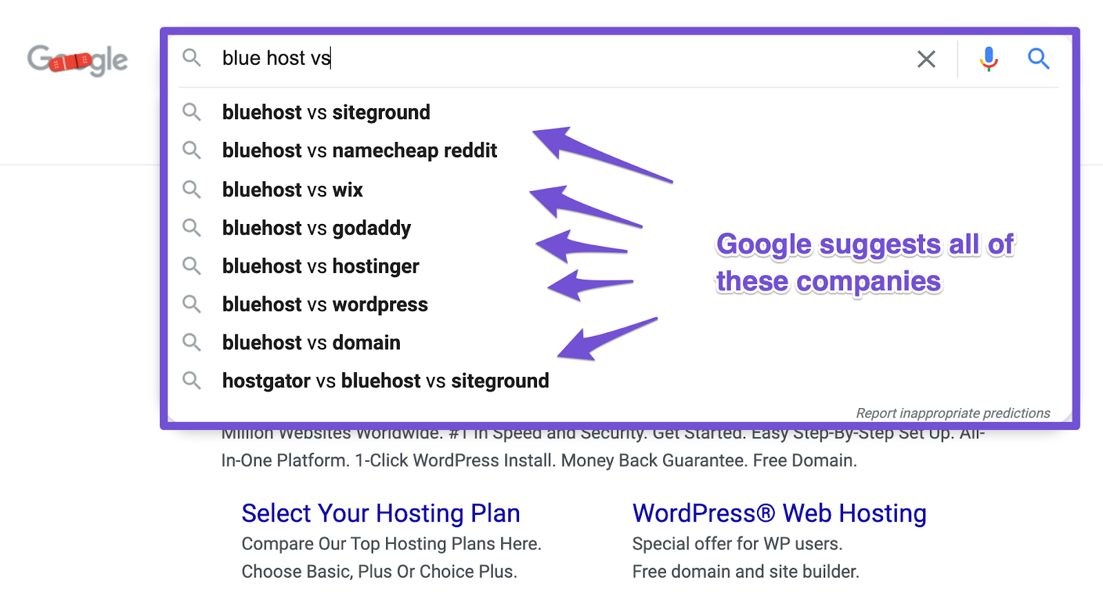 google autosuggest for term blue host vs
