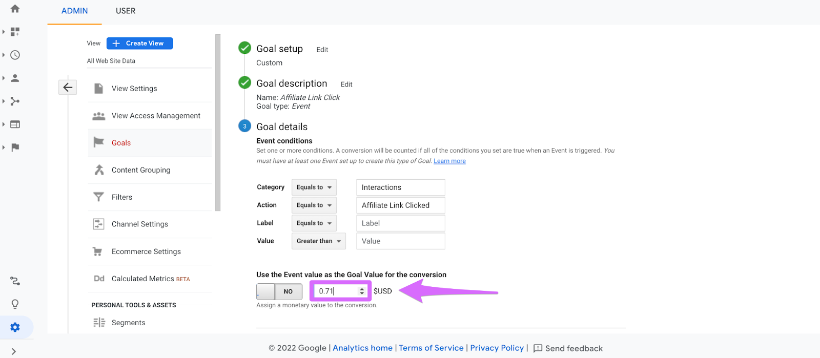 Creating goal in analytics and assigning an event monetary value