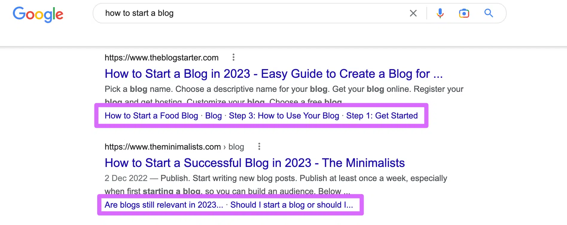 search results using an seo strategy showing additional jump links appearing in the serps