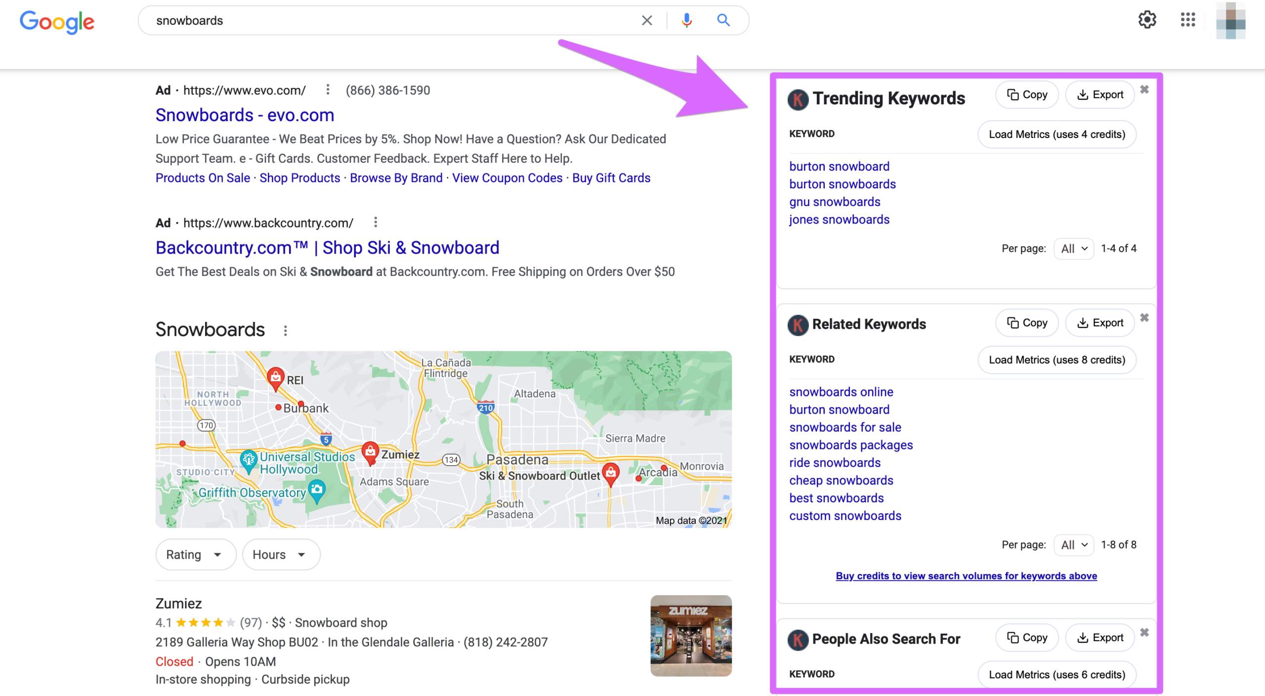 keywords everywhere data appearing in sidebar of google search for snowboards