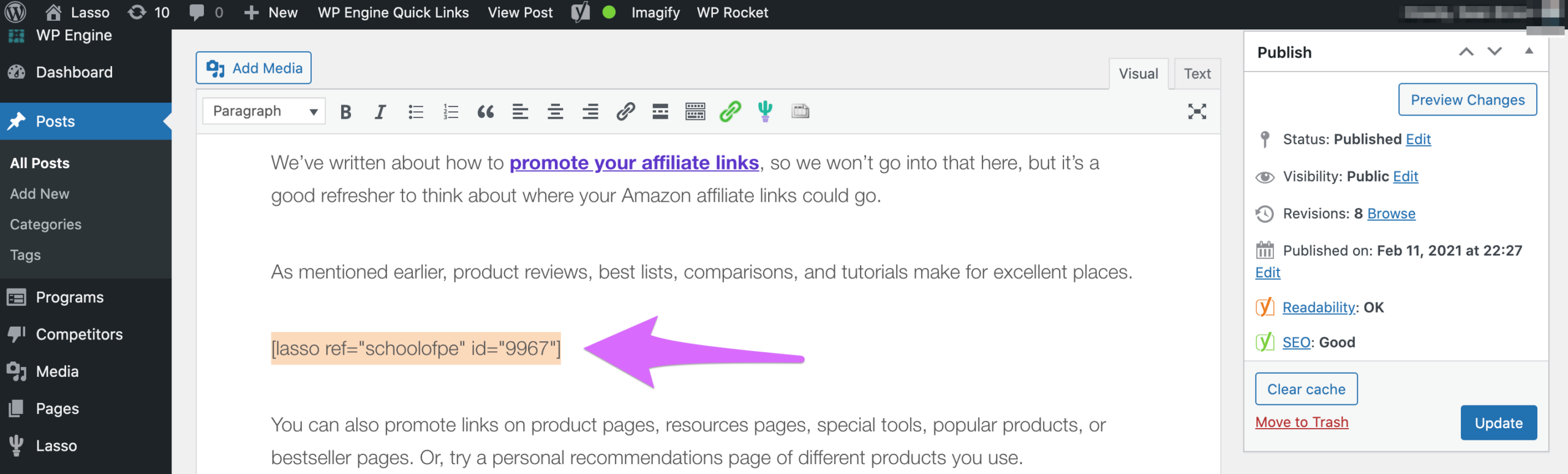 lasso adding shortcode to your wordpress post