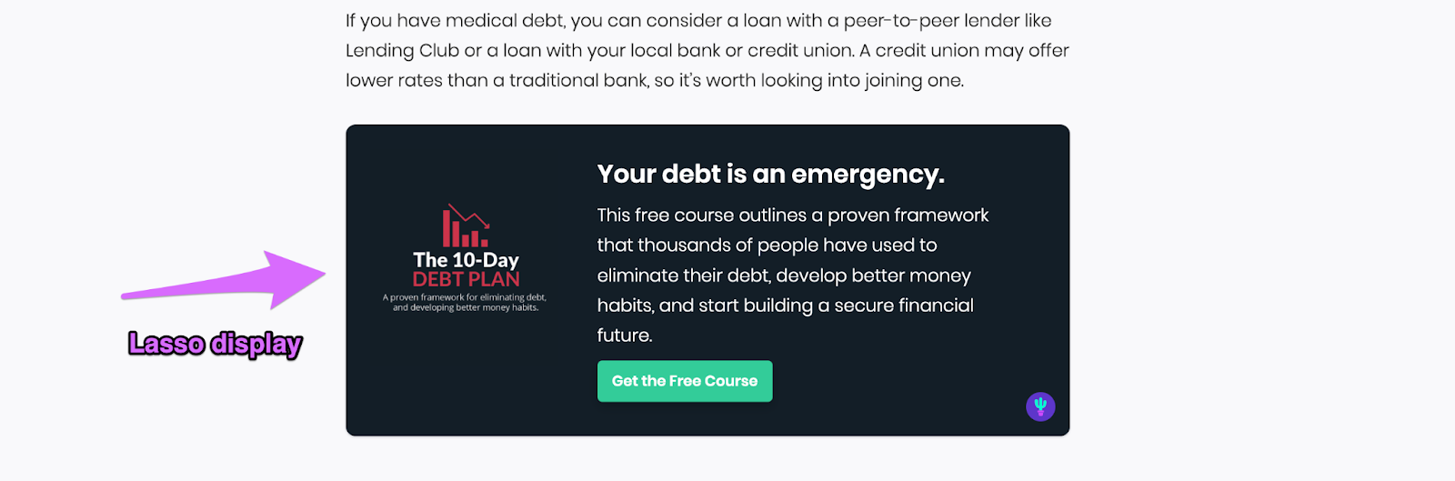 lasso display promoting a free course