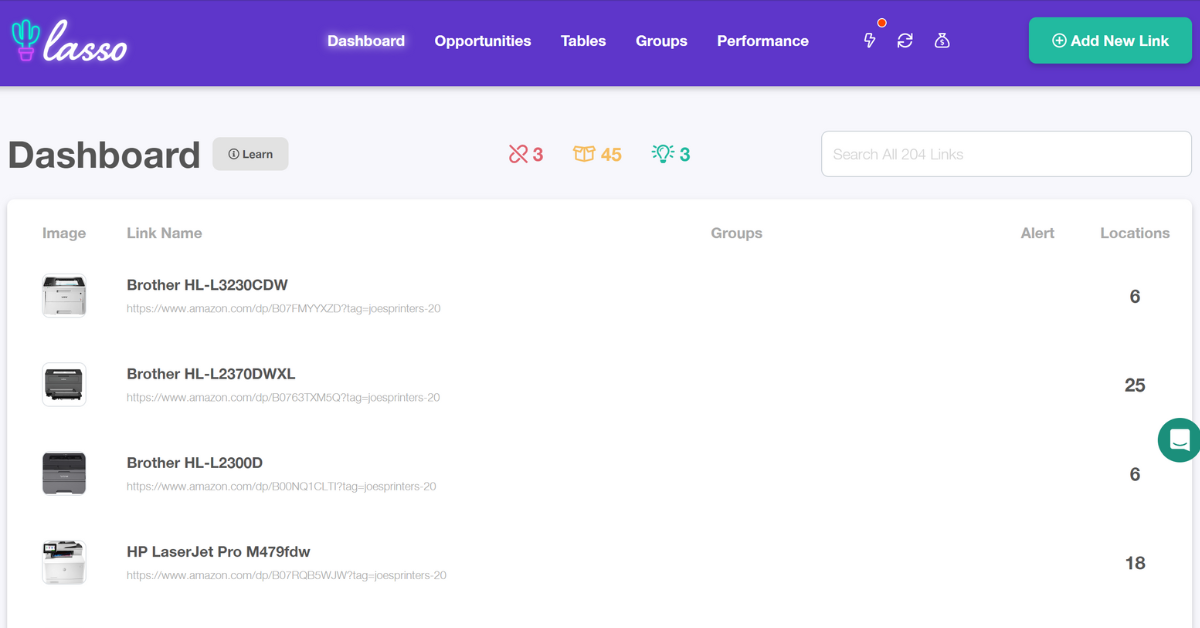 Lasso's link management dashboard example