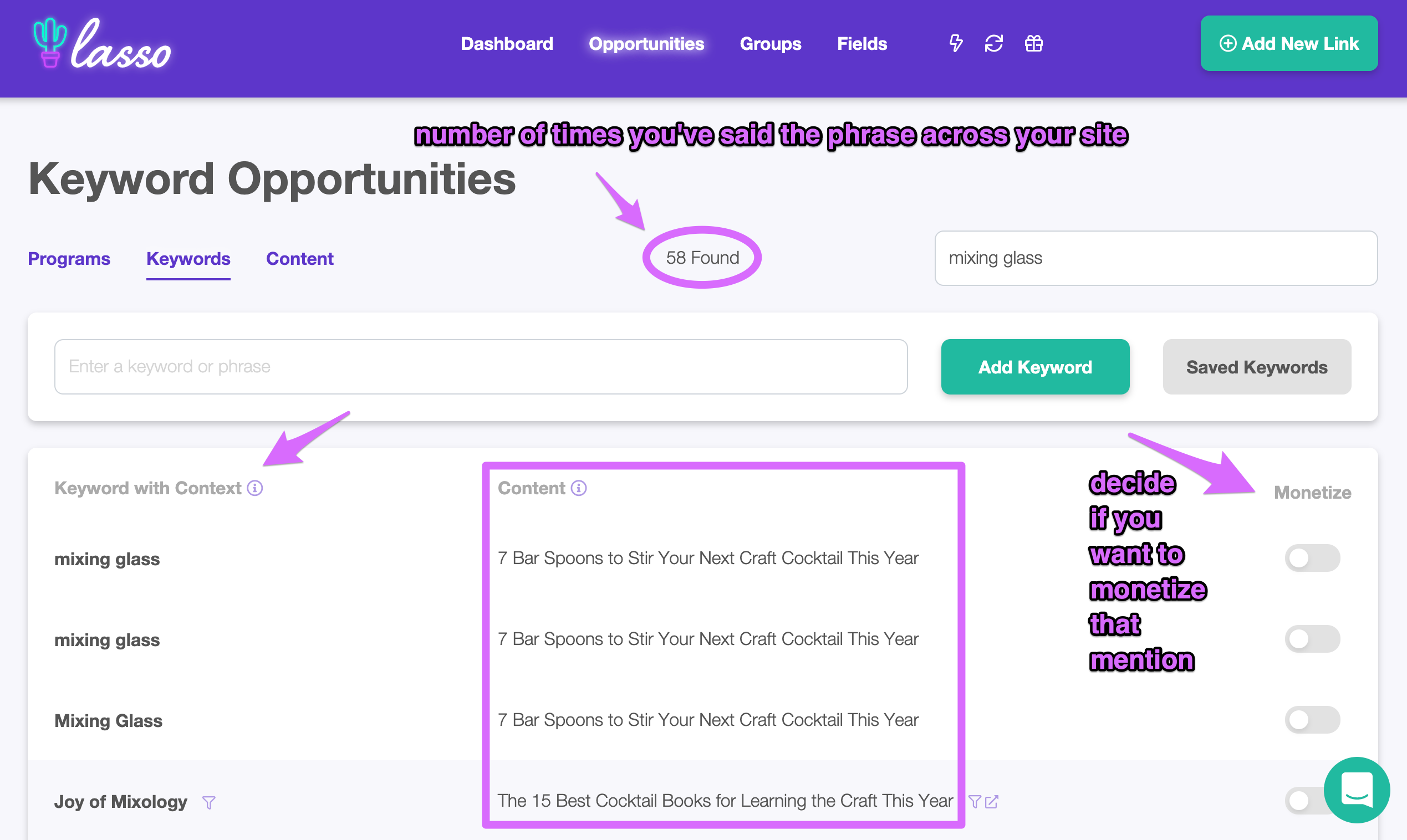 monetizing using the monetize toggle for a given keyword