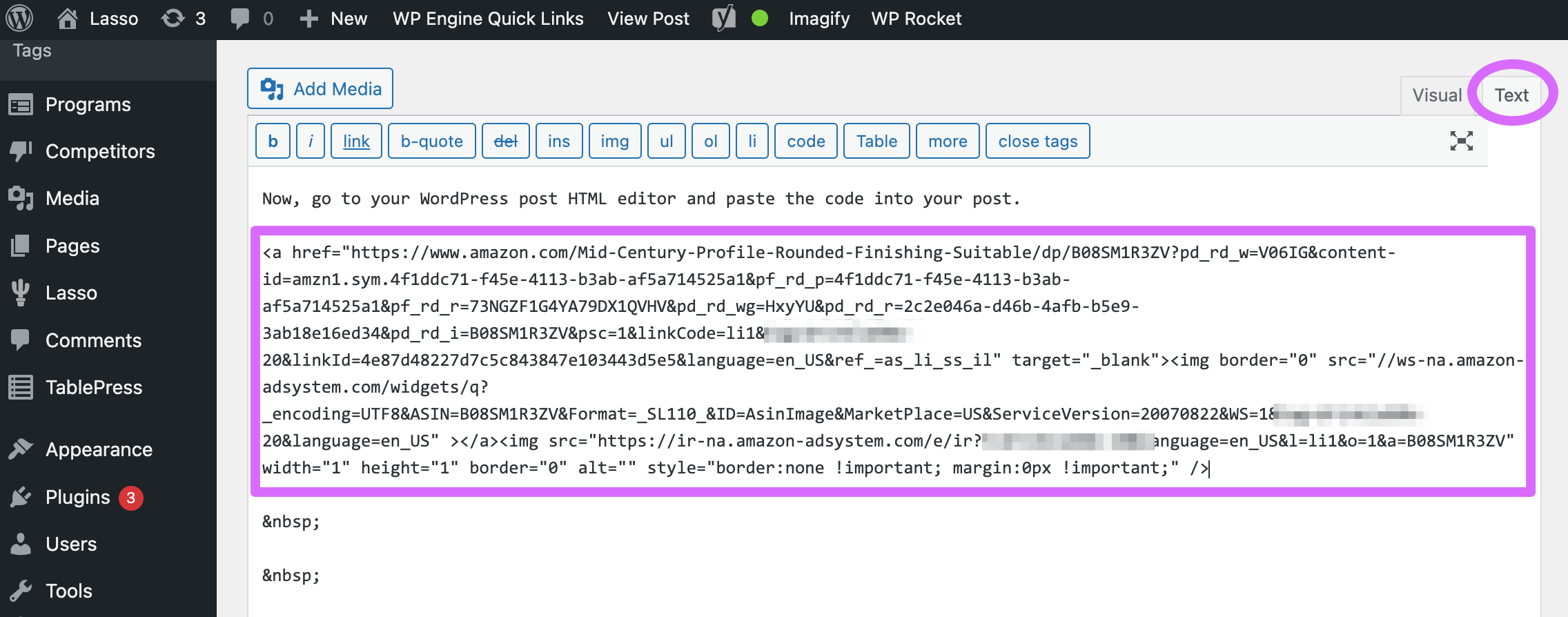 pasting html in text editor of amazon site stripe image link