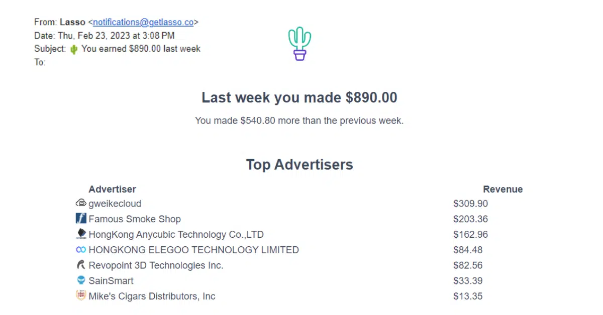 An example of a Performance revenue update email
