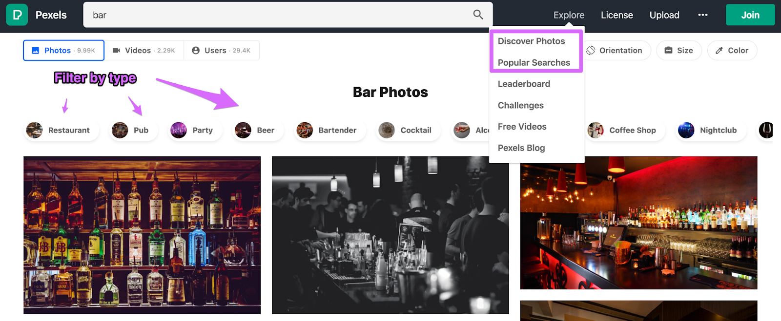 pexels drop down menu using popular searches