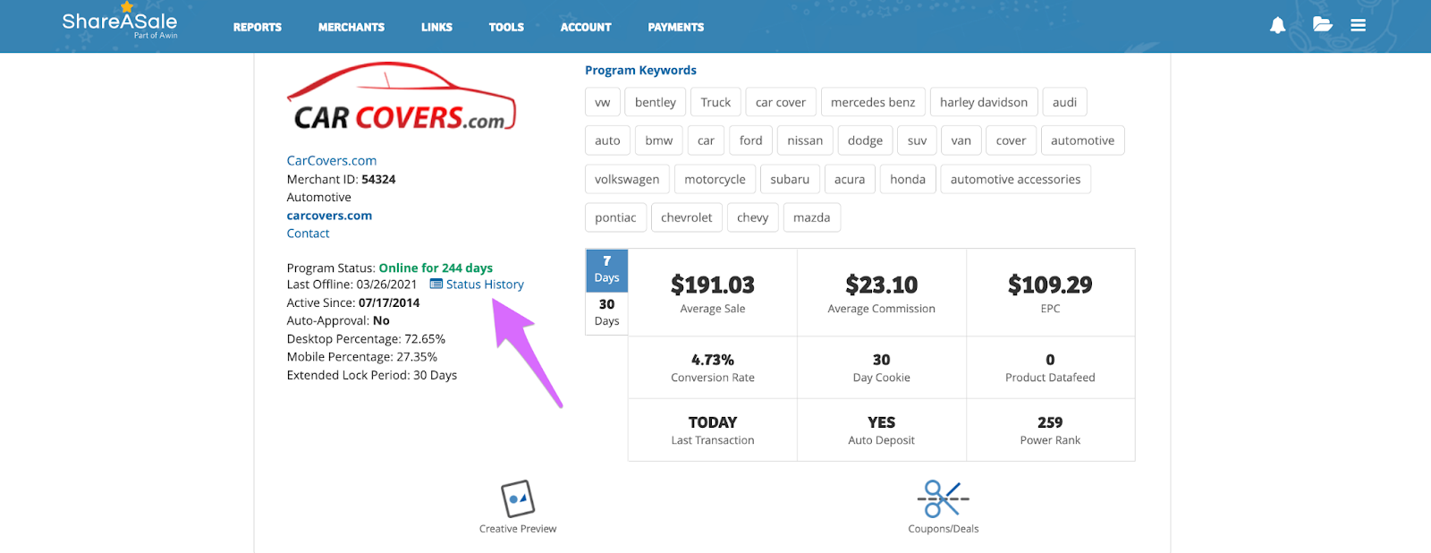 finding the merchant status history in shareasale on a merchants affiliate program page to troubleshoot earnings per click in affiliate marketing