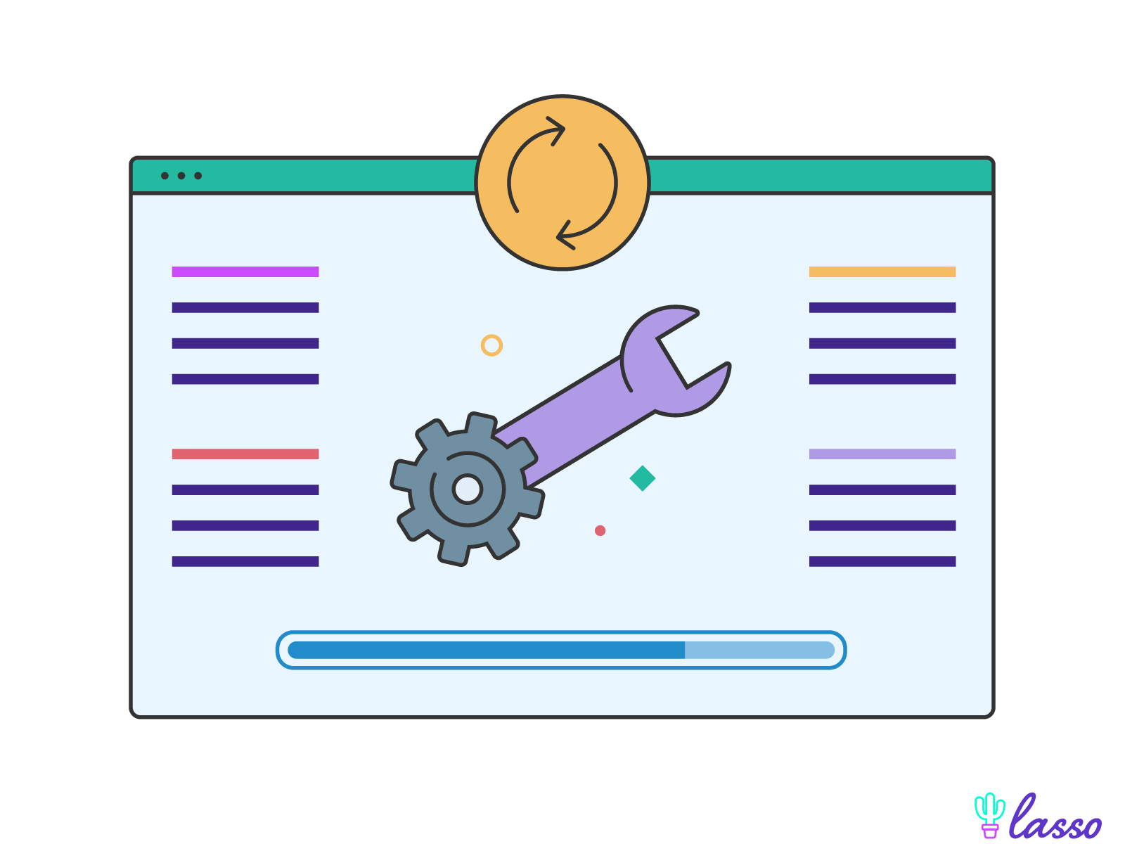 illustration of a laptop with refresh, gear, and wrench icon in the middle of its screen