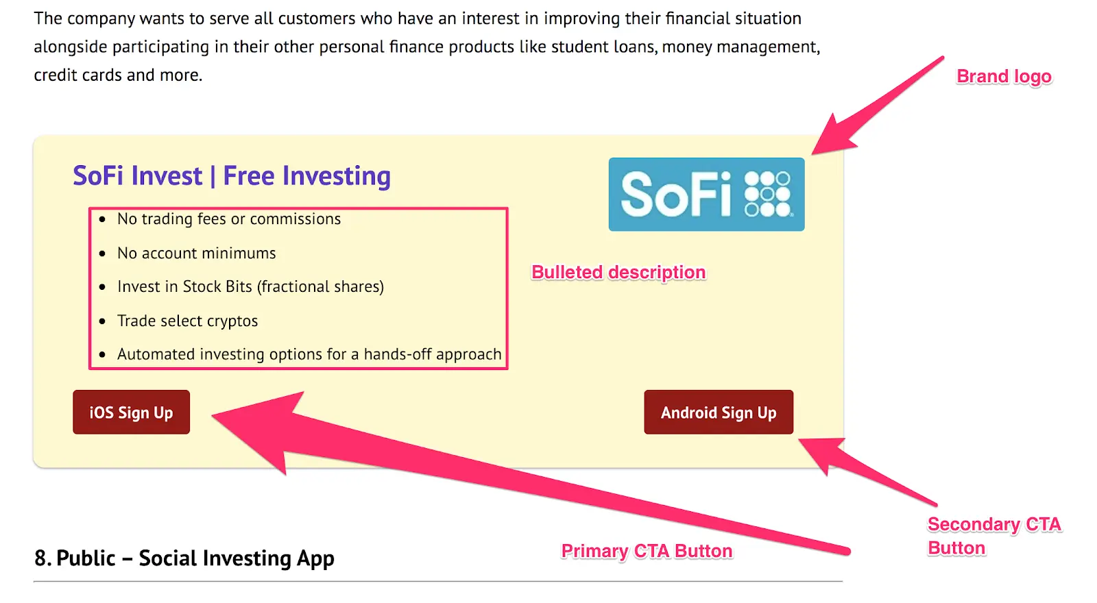 anatomy of lasso display box with bulleted product description list, brand logo and secondary cta buttons