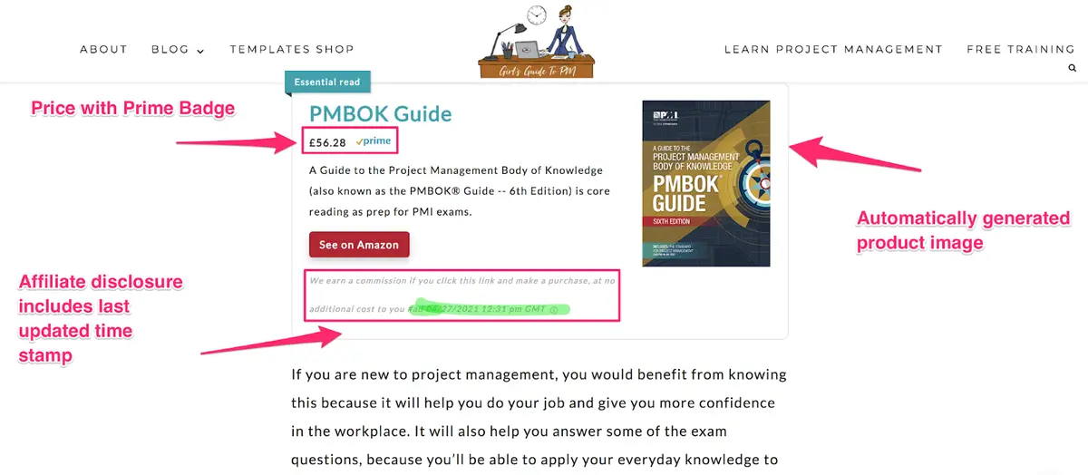 product display with prime logo, price, highlighted default lasso affiliate disclosure and product image
