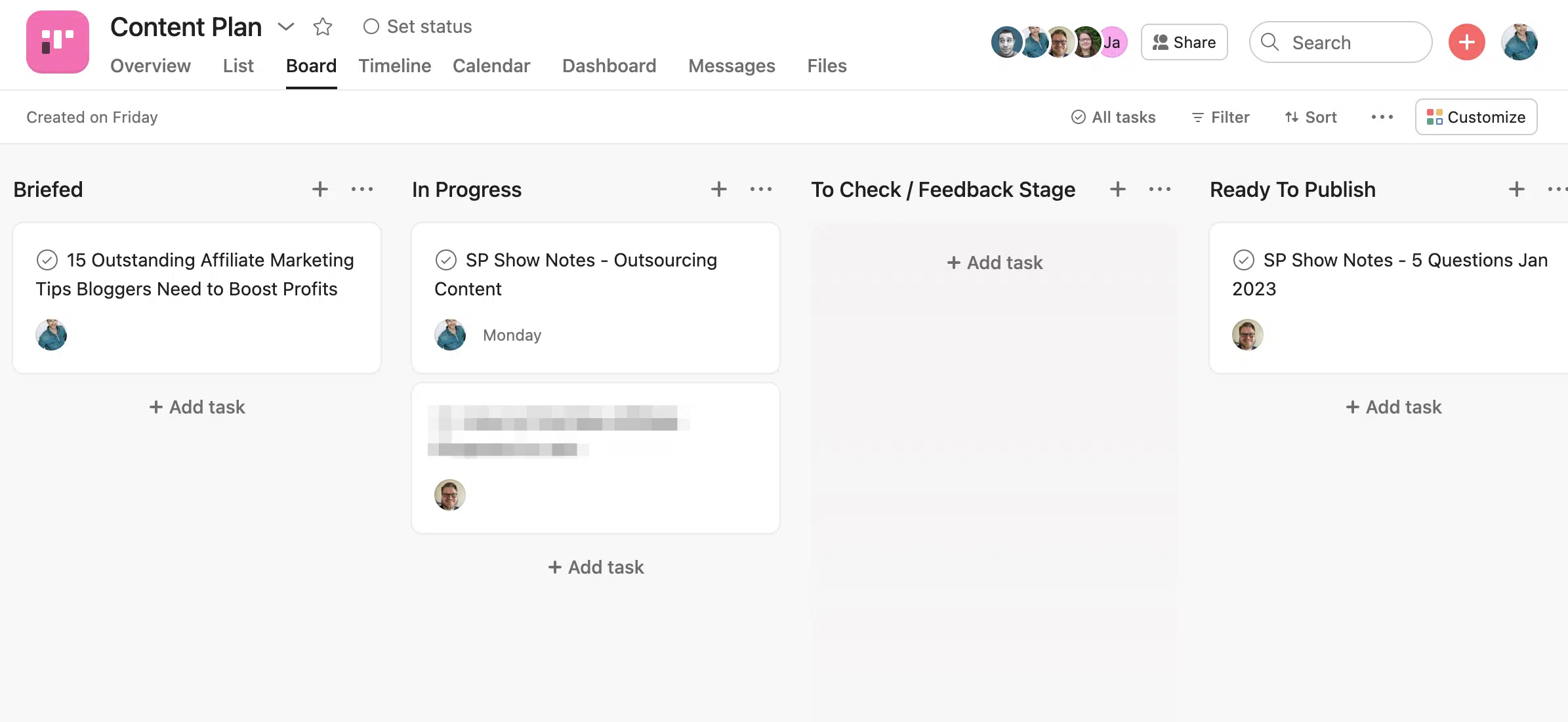 example of our outsourcing content board in asana