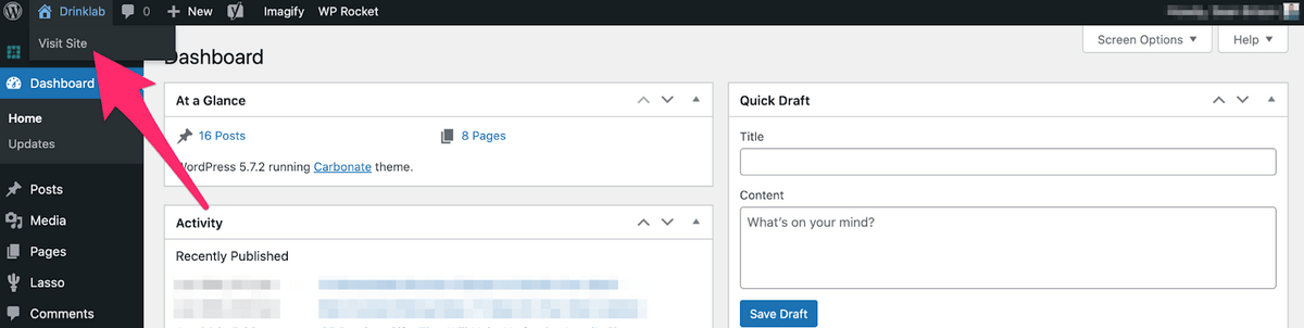 clicking "visit site" in the upper left corner of your WordPress dashboard to change your blog taglines