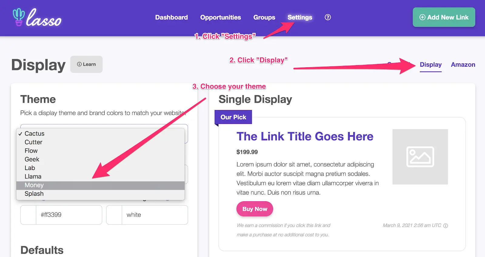 3 step process for navigating to previewing themes in lasso